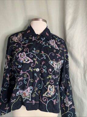 Yak Magik Women's Black Embroidered Butterfly Cotton Jacket XL
